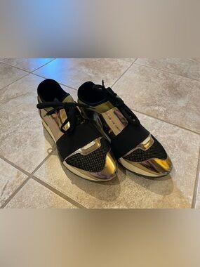 Balenciaga Gold Patent Leather, Mesh and Neoprene Race Runner Sneakers